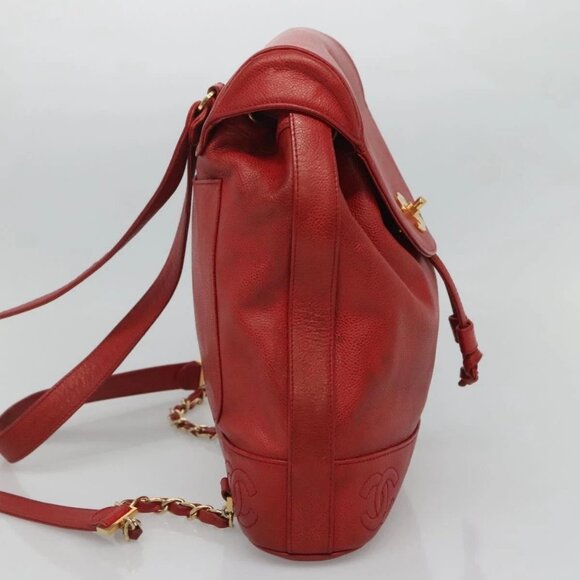 CHANEL Grained Calf Skin Backpack Grained Calf Skin Red Gold CC Auth 127574